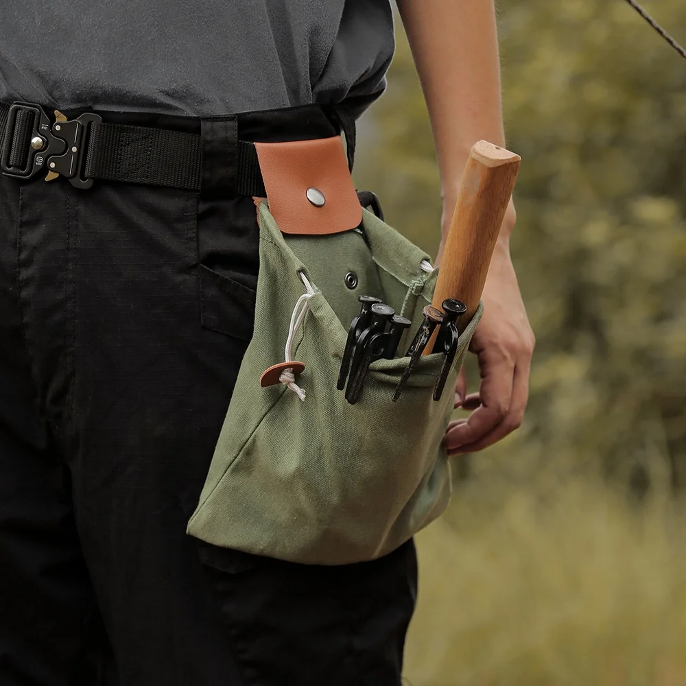 

foldable canvas foraging bag retro style versatile canvas pouch with leather cover and buckle camping tool pouch with drawstring, Khaki,brown,green