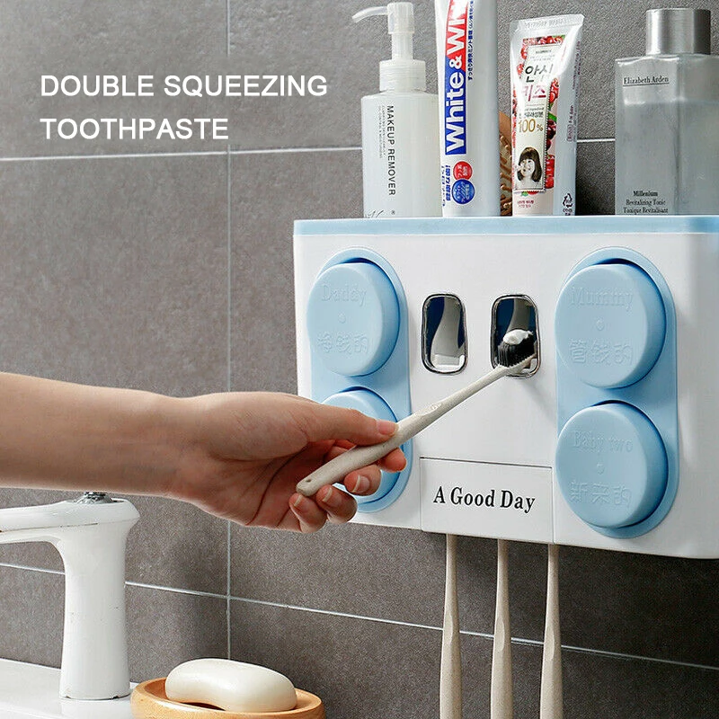 

2020 Auto Bathroom Wall Mount Automatic Ecoco Squeezing Toothpaste Dispenser with Toothbrush Holder for Kids, Blue/white/grey