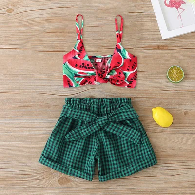 

F40646A European print watermelon floral kids clothing set girls baby girl clothes set summer kids clothing, As picture