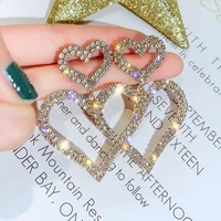 

European and American female fashion gold statement crystal double love heart shape temperament wild long peach silver earrings