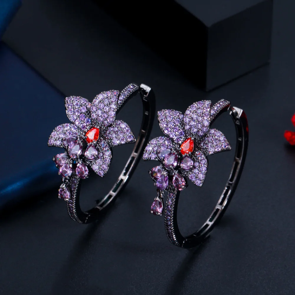 

New heavy industry exaggerates personality, colorful zircon Drop Earrings Fashion flower circle temperament Earrings, Black