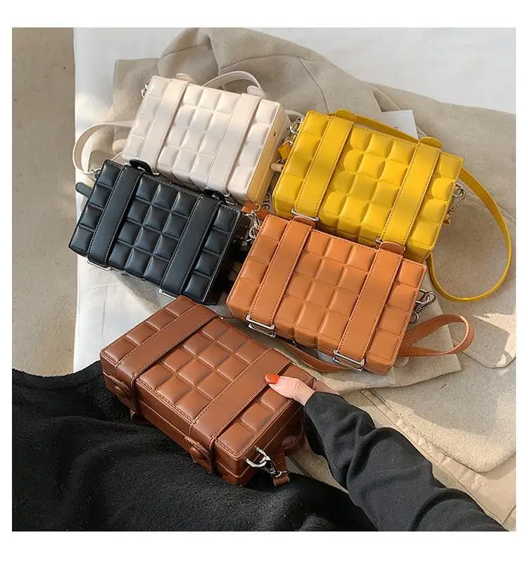 

2021 luxury Hot Selling New PU autumn chocolate lattice shaped square box Purses Weave Bag clutch Handbag women clutch purse, Colorful