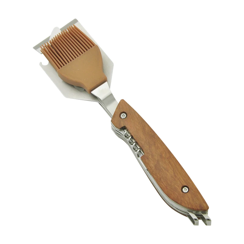 

8 in 1 Adjustable Multi Tool Portable BBQ Magnet Structure Wood Handle Stainless Steel Cookware BBQ Set, Natural