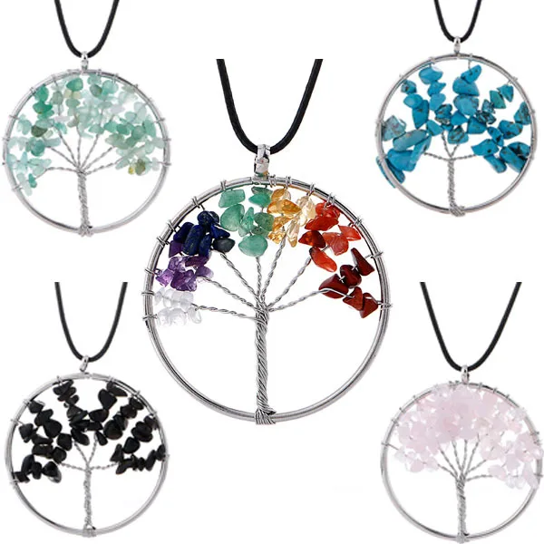 

Natural Stone Pendant Tree of Life Gemstone Necklace Chakra Healing Crystal Pendant Jewelry
