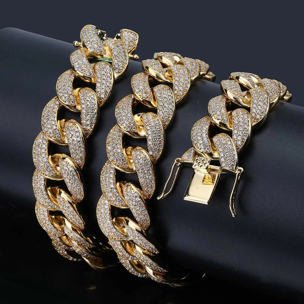 

2020 Unique Design CZ Diamond Iced Out Hip Hop Thick Heavy Multicolor 18mm Cuban Link Chain Zircon Bling Street Chain, Gold, silver, multicolor