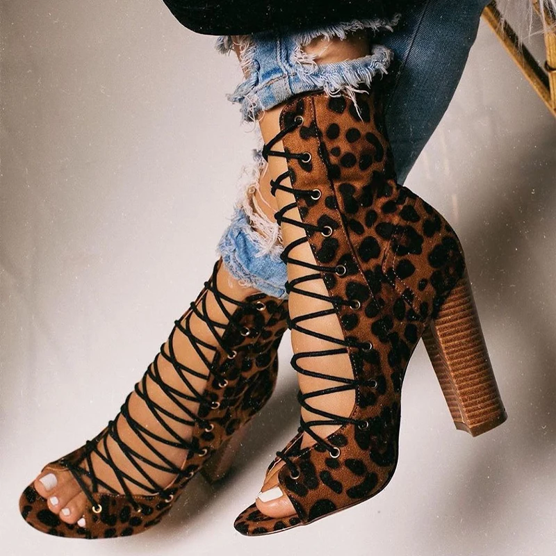 

New 2021 European and American leopard lace up Roman thick heel sandals 35-42