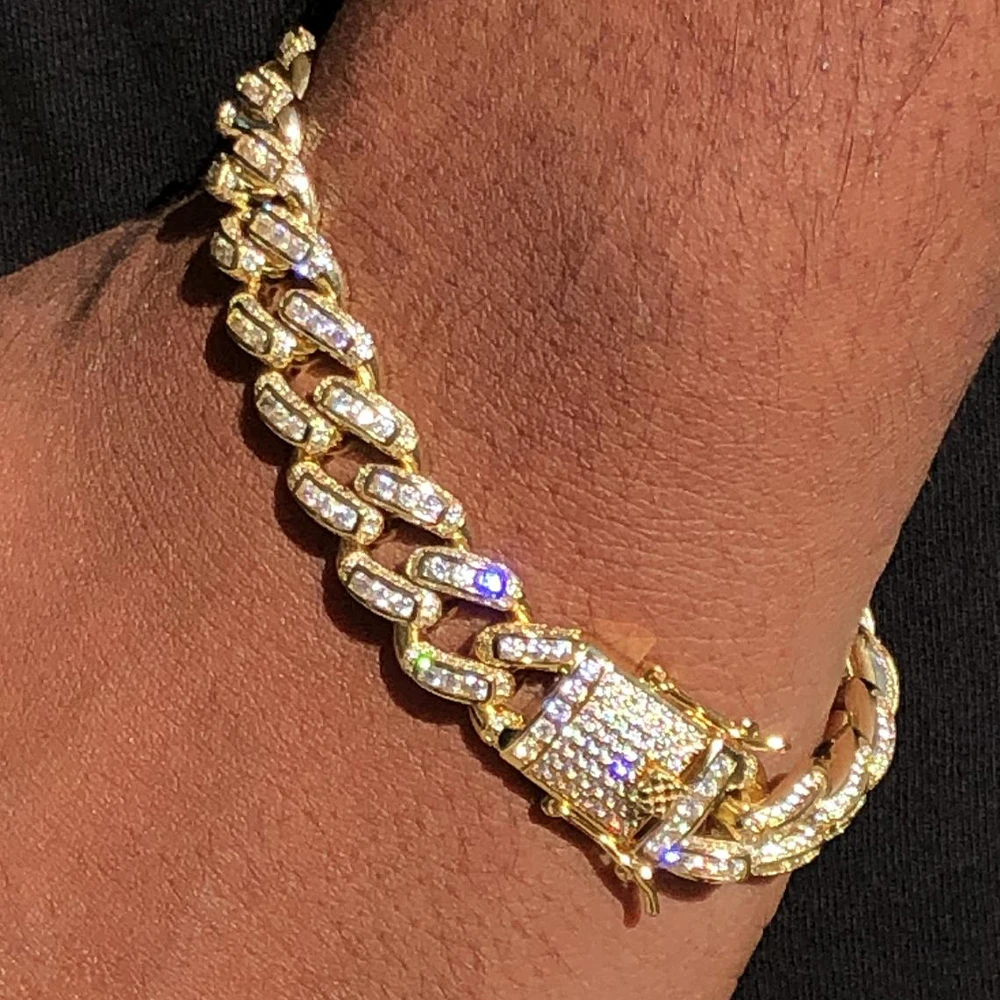 

Discount Iced Out Crystal Zircon Cuban Chain Bracelet Women Hip Hop Exaggerated 14k Gold Plated Chain Mens