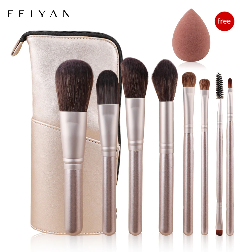 

HMU Wholesale Hot 8pcs Champagne Gold Travel Size Makeup Brushes Set With Travel Case Holder