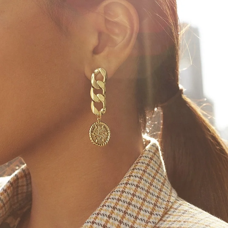 

2021 Punk coin earrings pendant jewelry women gold long link chain earrings