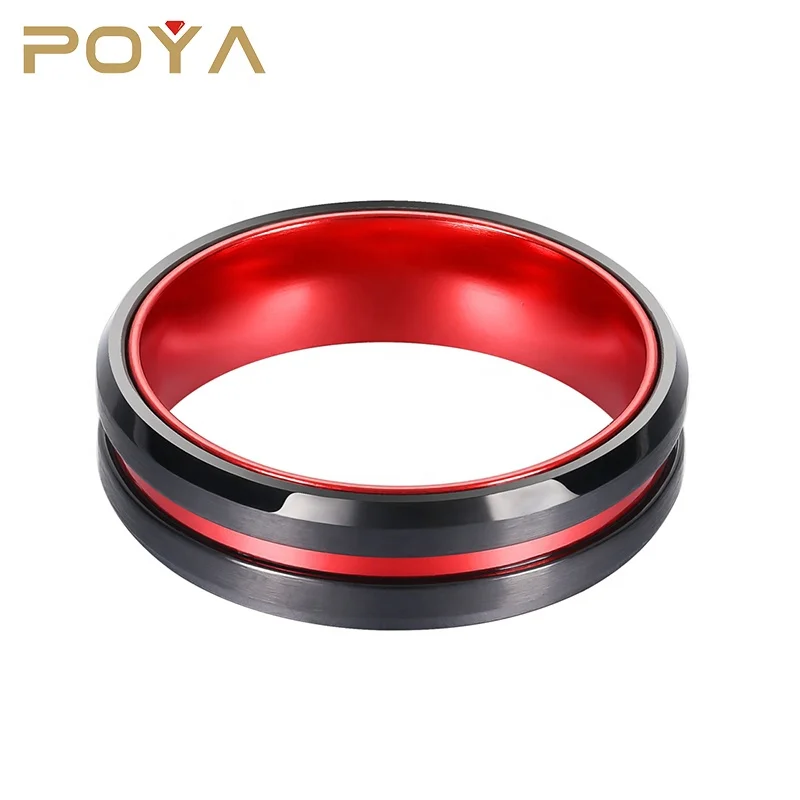POYA Wholesale 8mm Two Tone Wedding Band Red Aluminium Sleeve Inlay Black Tungsten Carbide Ring