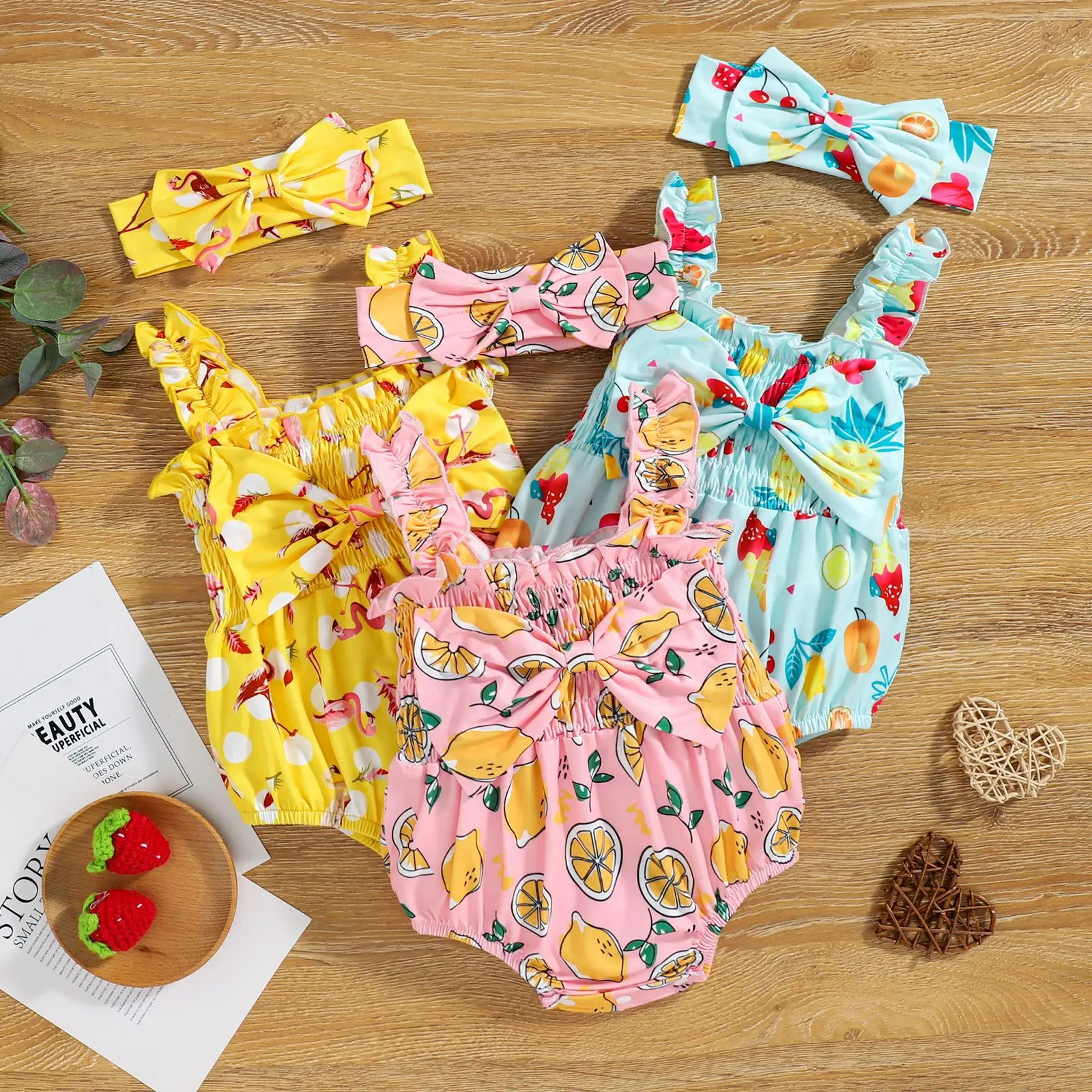 

Infant Baby Girls Boys Rompers Summer 2pcs print Bodysuits sleeveless Jumpsuits Headband Clothes Set 0-18Months, As image shown