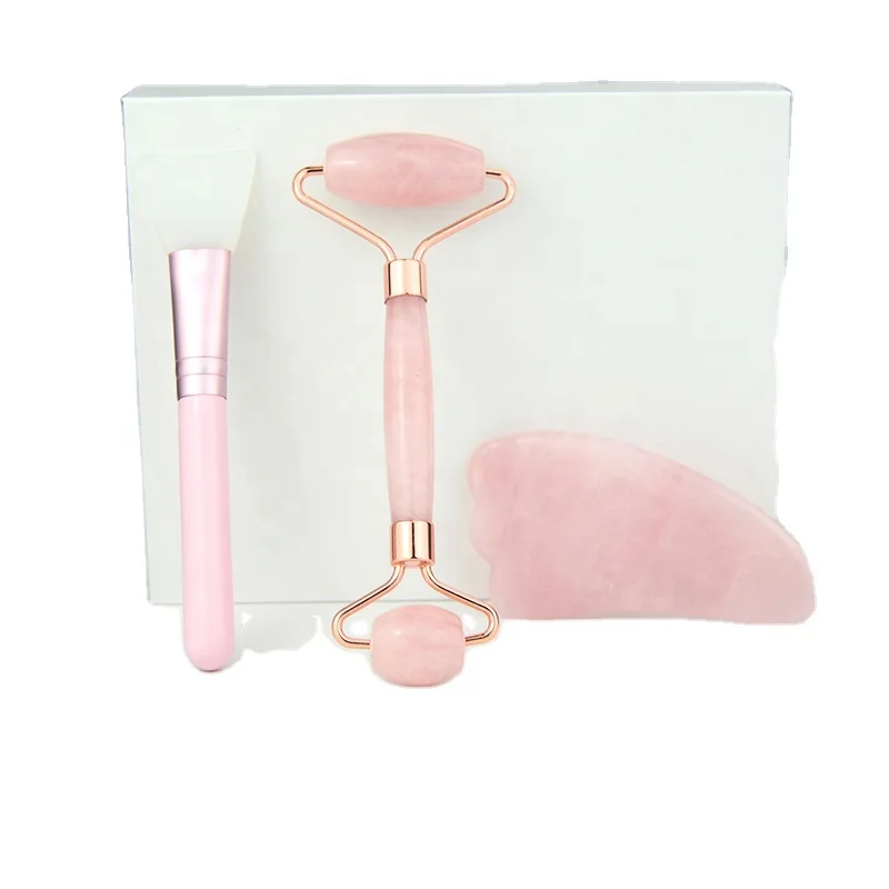 

Private Label Rose Quartz Powder Crystal Jade Roller Face Mask Brush Jade Roller Gua Sha Set Facial Massager, Pink/green