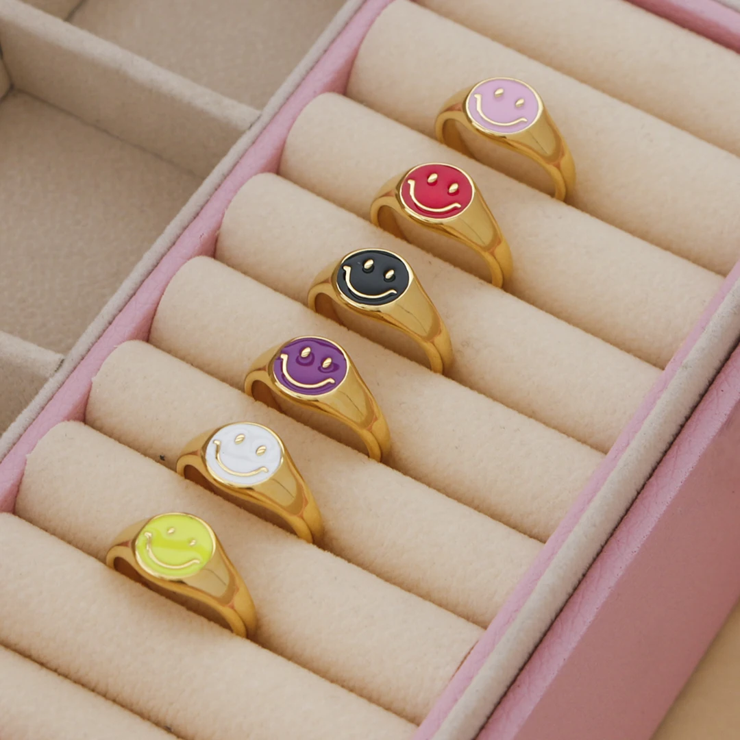 

Trendy Colorful Enamel Stainless Steel 18K Gold Plated Smiley Happy Face Rings For Women Signet Ring Tarnish Free Jewelry