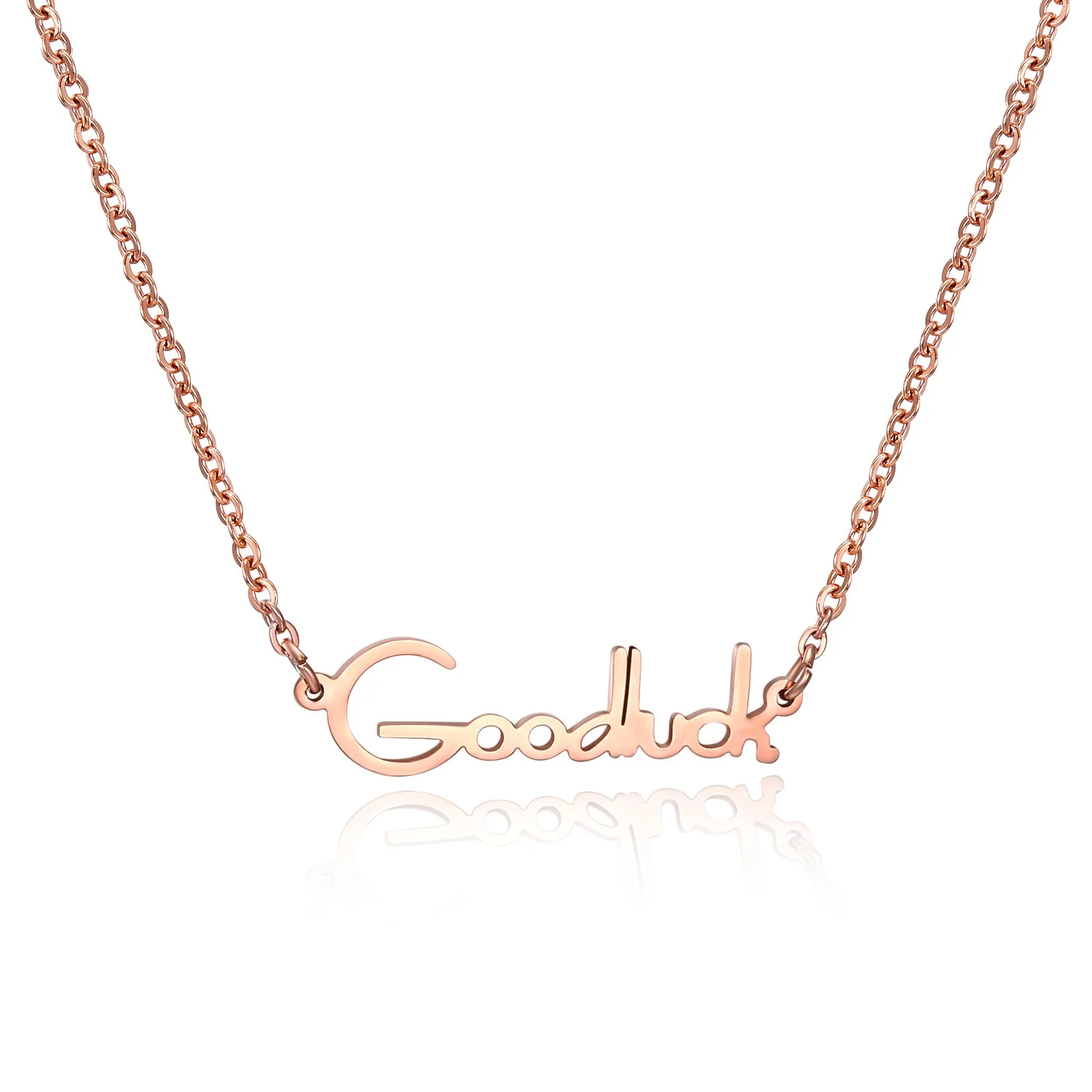 

Gorgeous 2020 Wholesale New Fancy Titanium Jewelry Good Luck Goodluck Letter Statement Rose Gold Plated Stainless Steel Necklace