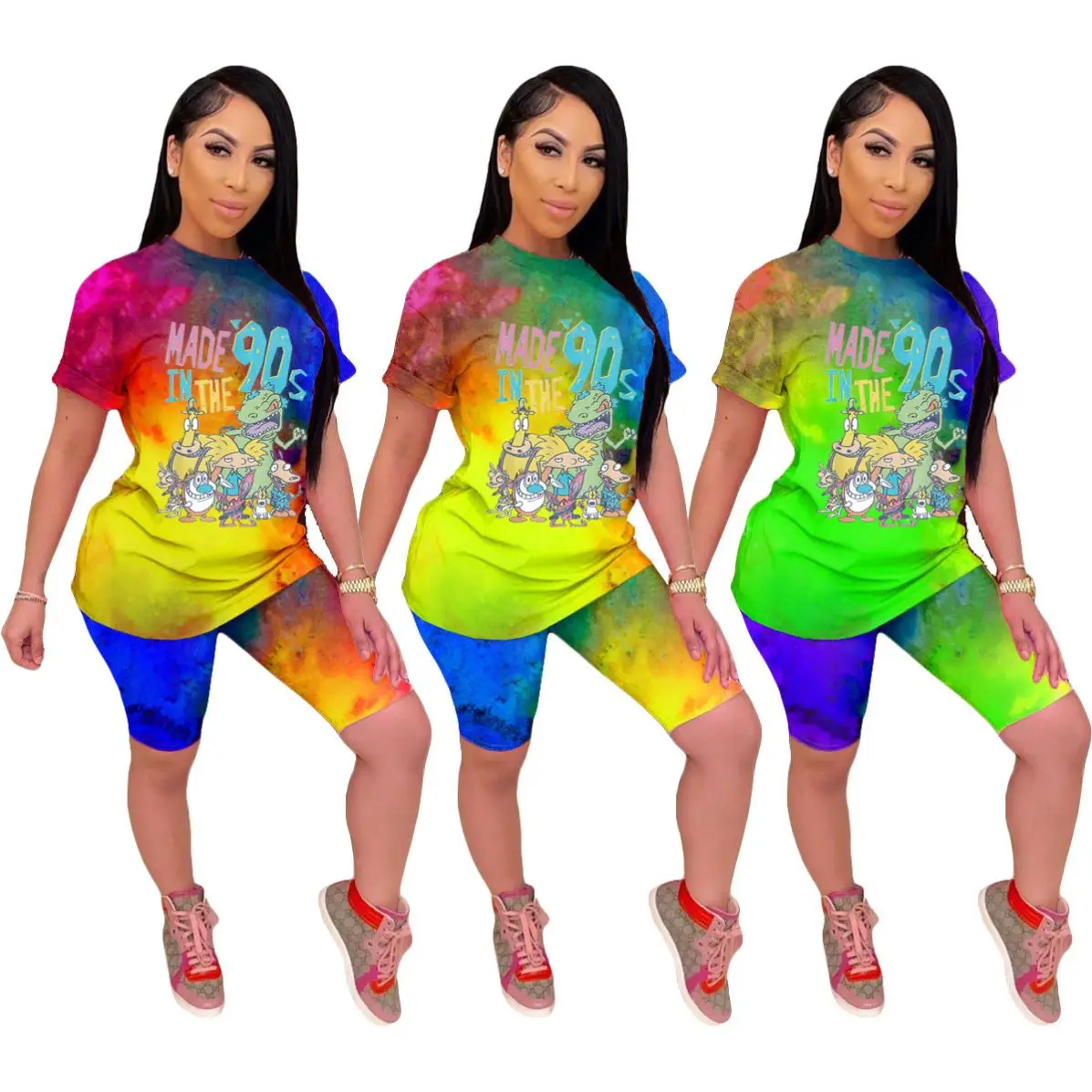 

Womens Summer 2 Piece Shorts Set Casual Cartoon Print Tie-dye Short 2 Piece Suit Tops T Shirt Biker Shorts Set, Yellow,orange,green