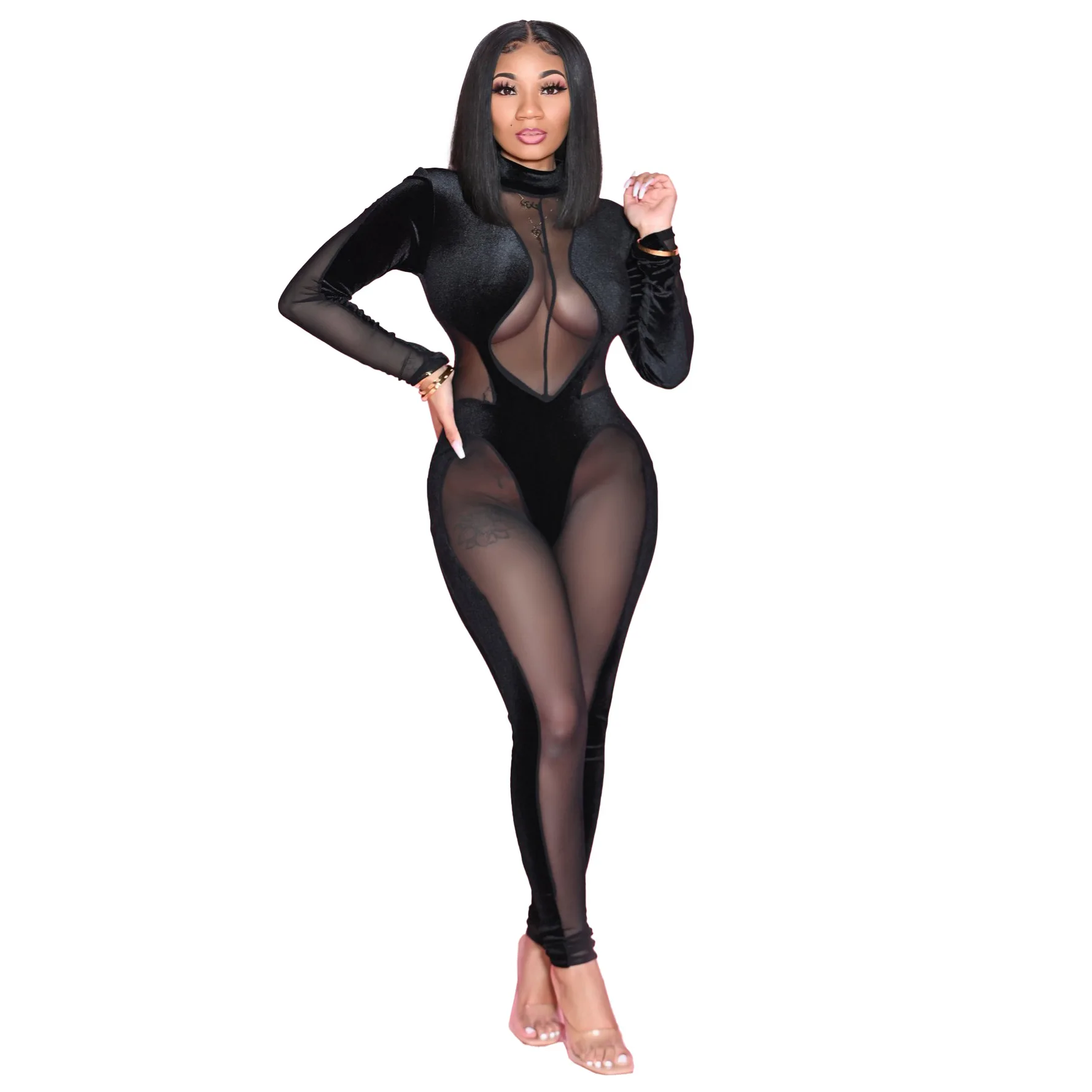 

cocktail transparent mesh see through one piece bodycon playsuit sexy velvet night club jumpsuit, Black, red, blue