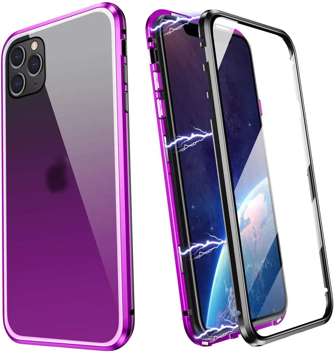 

ZHIKE Metal Aluminum Frame Double Sided Tempered Glass 360 Protection Magnet Adsorption Gradient Phone Case for iPhone 11 Pro, Black, red, different gradient colors