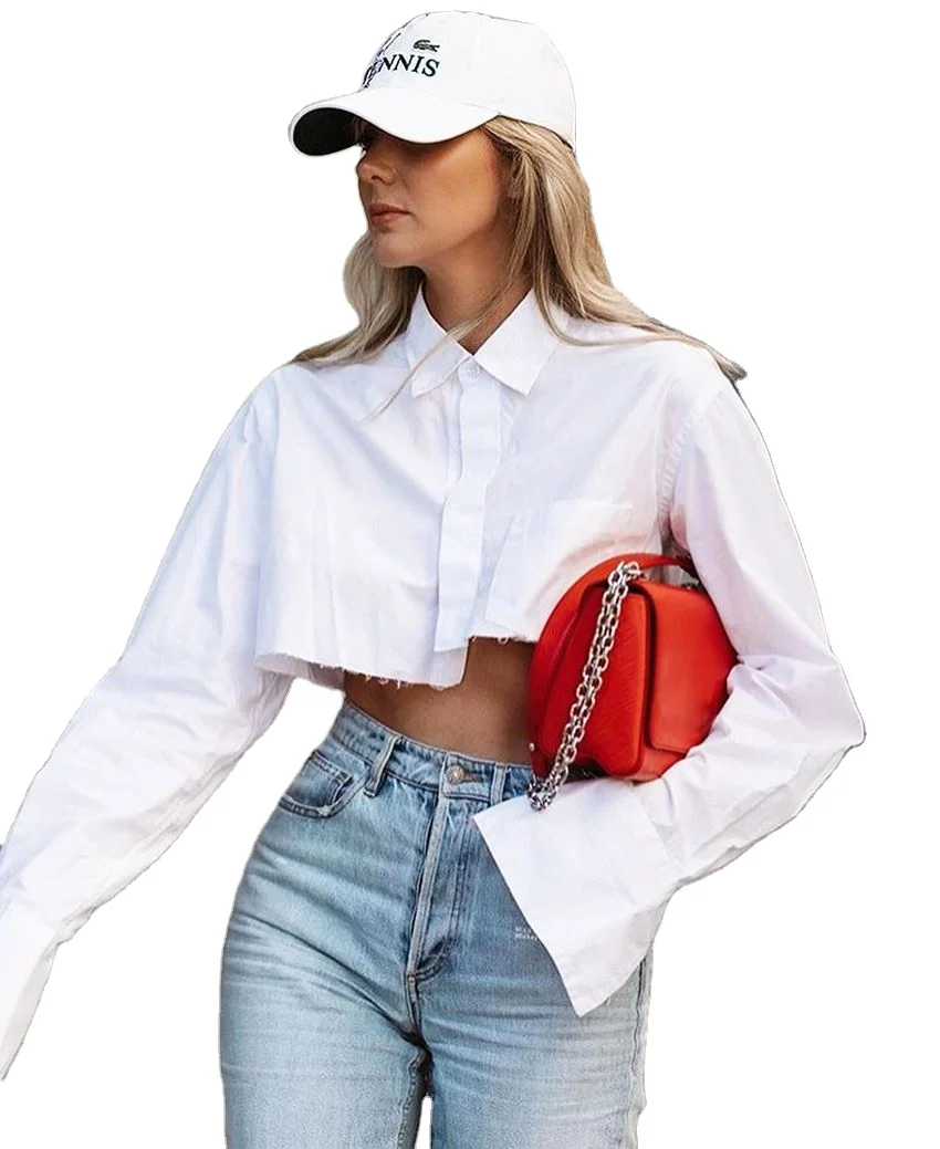 

Good quality single breasted long sleeve crop top fashionable blouses elegant women irregular white blouse women
