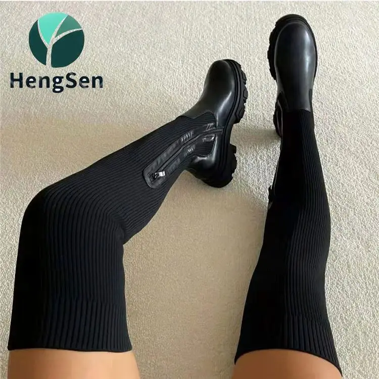 

Women High Leg Boots Shoes Women's Long Boots Winter Fashion Solid Color Leather Knitted Over Knee High Heel