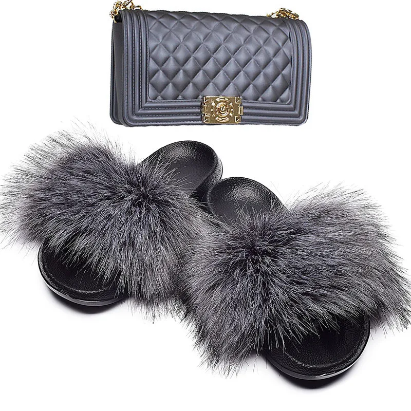 

2021 Hot Sale Fur Slides Handbag Sets Jelly Purse And Fur Slippers Sets Candy Colors Pvc Jelly Handbag Fur Slides for Women, Customizable