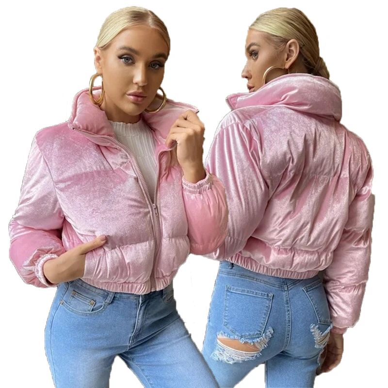 

2021 autumn winter new warm long sleeve velvet zipper stand collar loose women's solid color thickened puff jacket