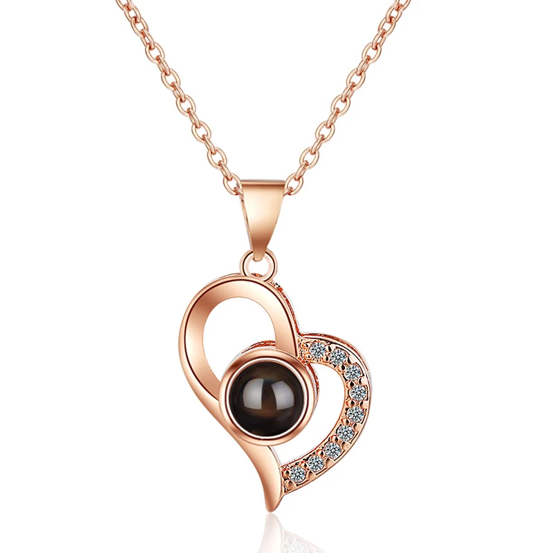 

Romantic Crystal Love Heart Memory Charm Necklace Rose Gold 100 Languages I Love You Projection Pendant Necklace (KNK5119), Same as the picture