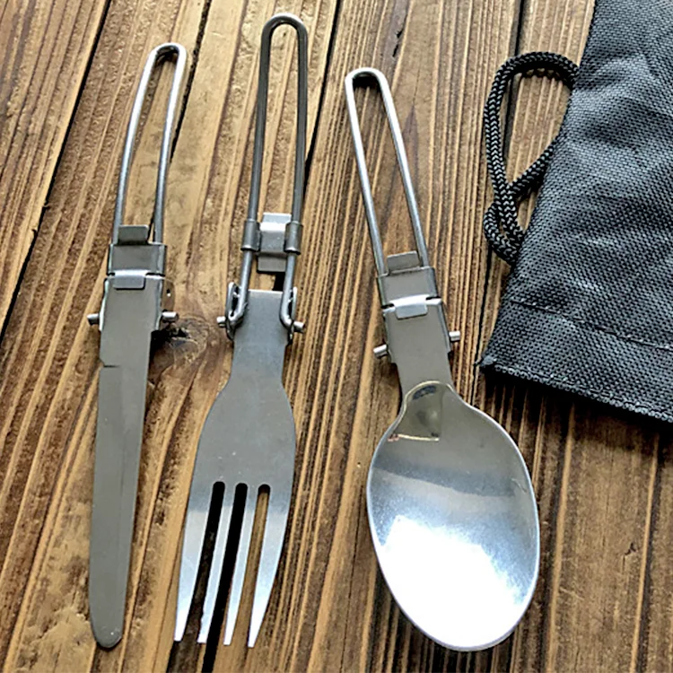 

Outdoor travel stainless steel folding tableware 3 pcs portable foldable cutlery set with cloth bag, Sliver