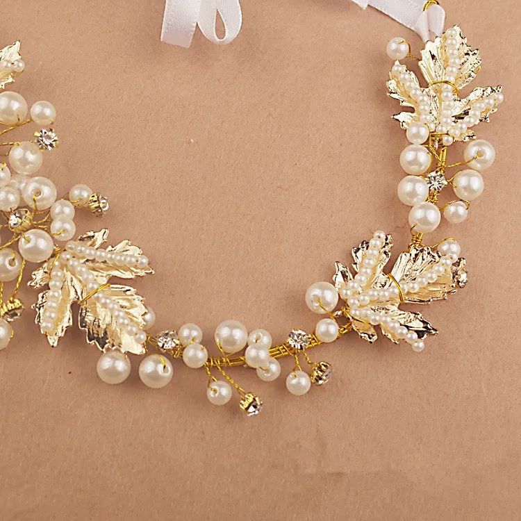 

Gold Leaf Wedding Hair Crown Headband Rhinestone Bridal Pearl Hair Vine Accessories Jewelry Headpiece For Women