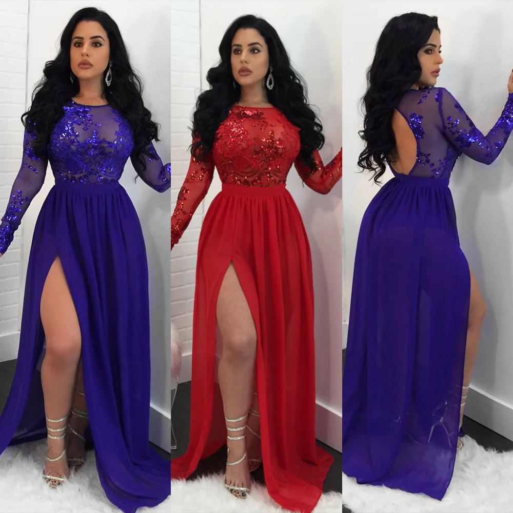 LF-109 Slip Backless Long Sleeve Evening Dress Red Prom Dress Evening Sequin Lace Women Party Dresses Long