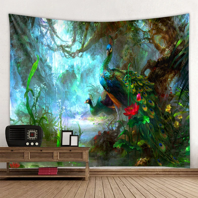 

Pair of Peacocks Tapestry Fantasy Forest Print Tapestry Home Decor Living Room Bedroom Dorm Custom Tapestry Wall Hanging, Customized color
