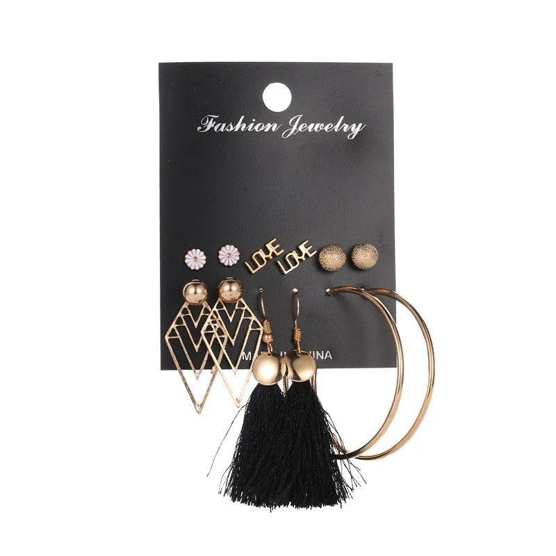 

Love circle round black tassel earrings 7BEADS geometric diamond hollow out earrings 6pairs jewelry set