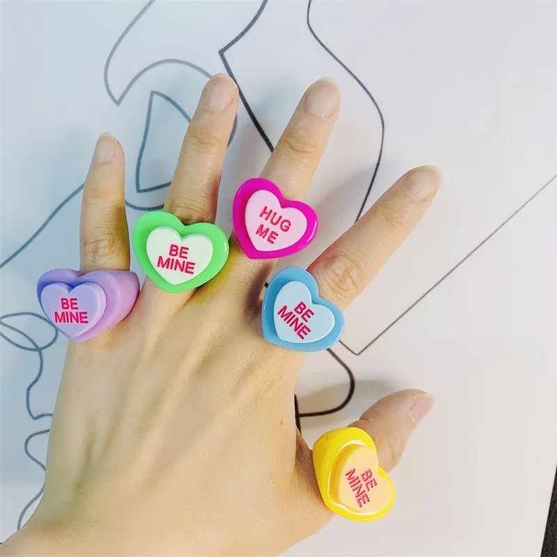 

JUHU 2021 Fashion Acrylic Acetic Acid cute red heart Resin Hand Finger Rings for Women Jewelry Gift heart rings BE MINE, Colorful