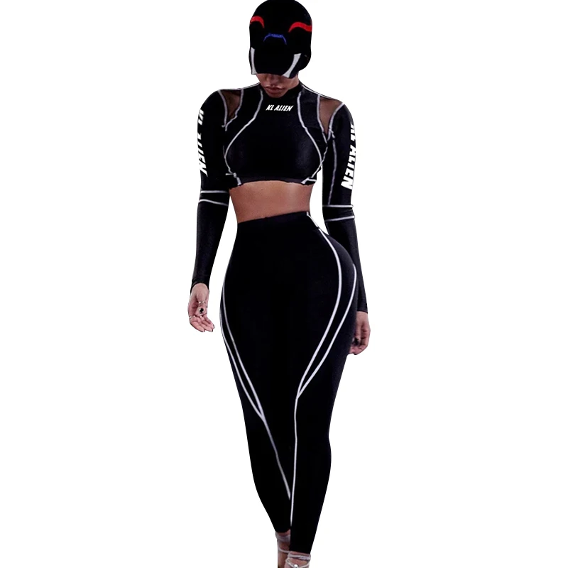 

Women Sexy Mesh Hollow Out 2 Piece Outfit Color Block Patchwork Long Sleeve See Through Crop Top and Long Pants Set, Black