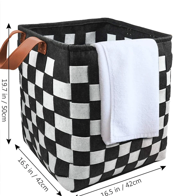 

New type black and white color felt Laundry basket with PU handle for home storage, White and black or customized