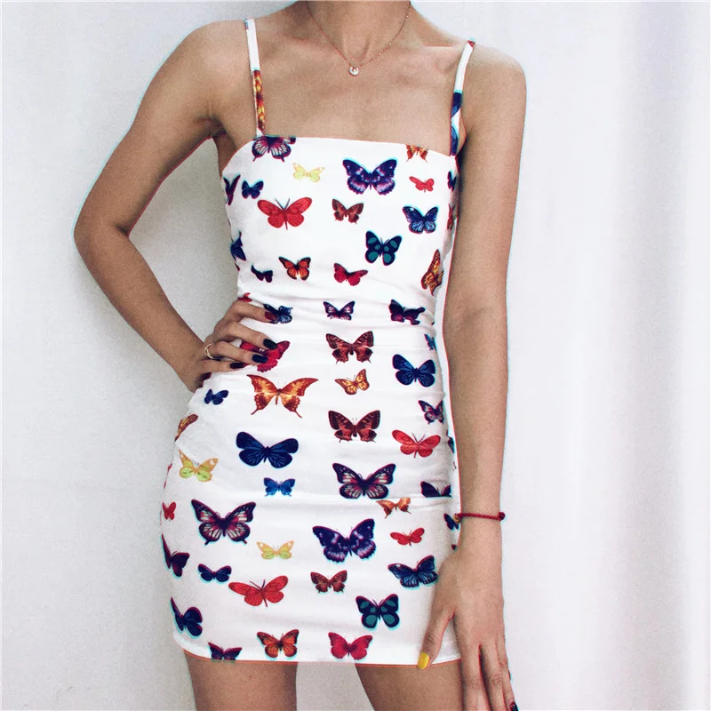 

Wholesale Dress Fashion Slim Short Butterfly Print Off Shouder Chest Wrap Pencil Slip Dress Summer Dress Women