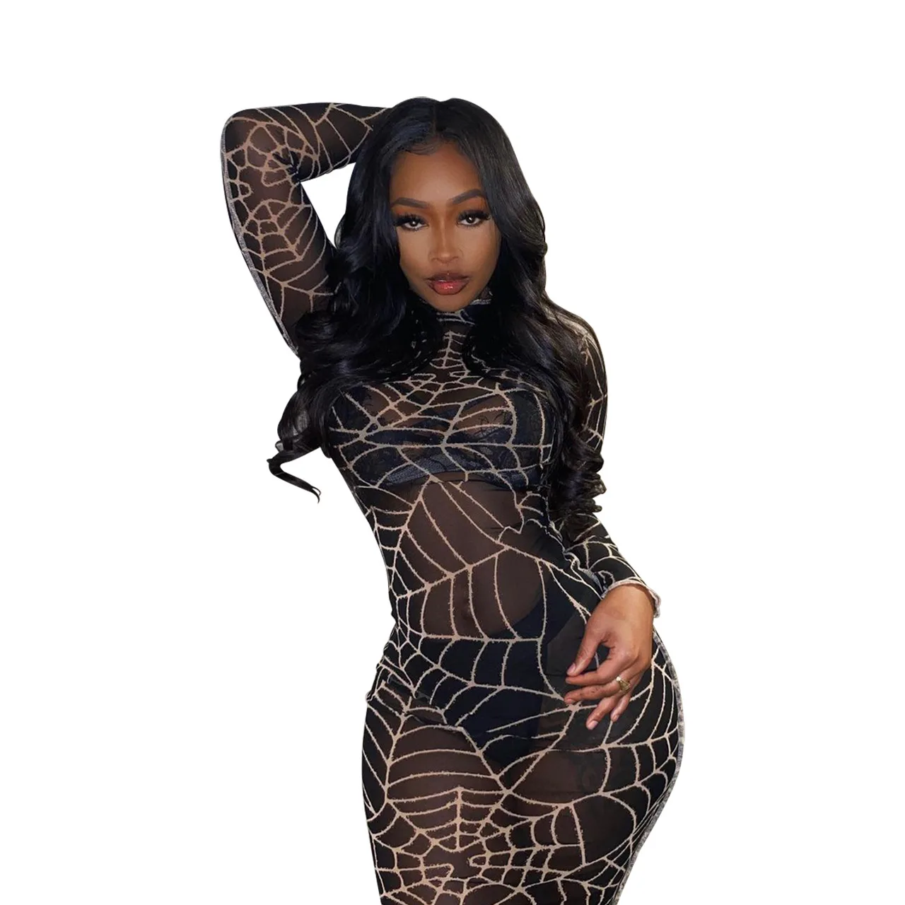 

New Stylish Woman Fall Dress See Through Mesh Fabric With Spider Printing Ladies Dress Night Dresses For Woman, Black