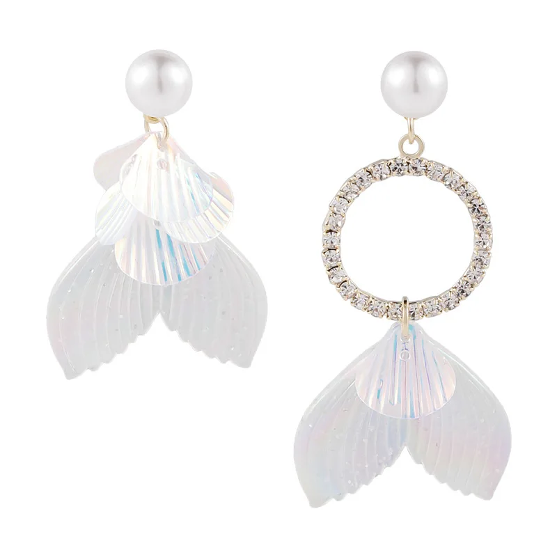 

JUHU Translucent Laser Acrylic Rhinestone Ring Pearl Fishtail Earrings Asymmetrical Earrings