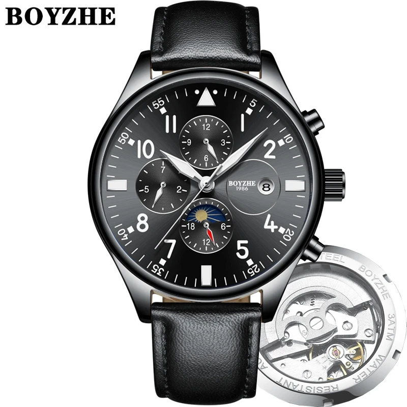 

BOYZHE WL003-2P Fashion High Quality Watch customized logo wristwatches black Leather Strap watches Automatic Mechanical Watches