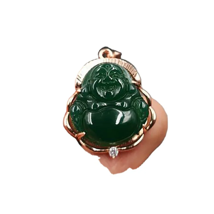 

925 Color Silver Inlaid Green Chalcedony Maitreya Buddha Pendant Green Agate Big Belly Buddha