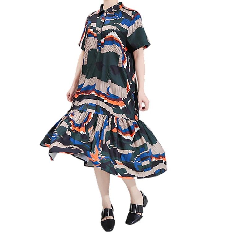 

Lapel Collar Patchwork Ruched Hit Color Dress Women Shirt Dresses Short Sleeve Geometric Printed Vintage Elegant Midi Dress, Customized color