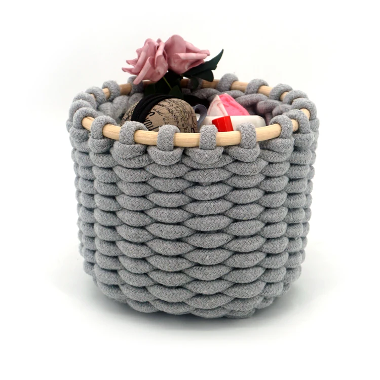 

New fashion medium woven cotton rope storage basket with strong structure, White&grey or customized