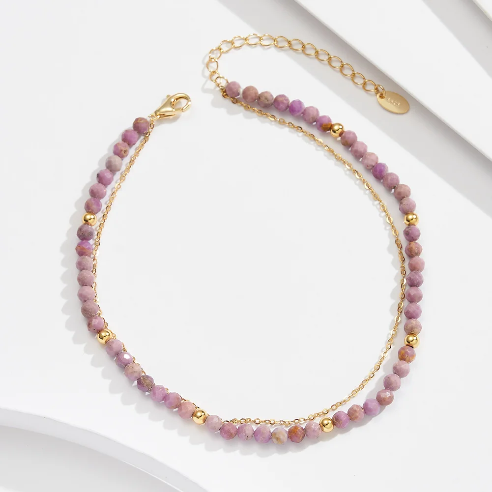 RINNTIN 925 Sterling Silver Double-layer Gold Chain Round Cut Natural Stone Purple Mica Quartz Beach Bracelet Anklets for Women