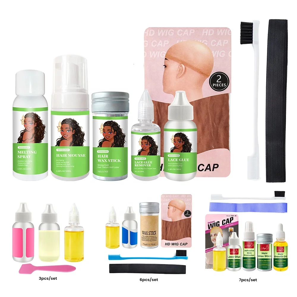 

Hot Custom Wig Install Private Label Lace Wig Kit Packaging Waterproof Hair Tint Spray Edge Control Lace Glue Travel size Bag