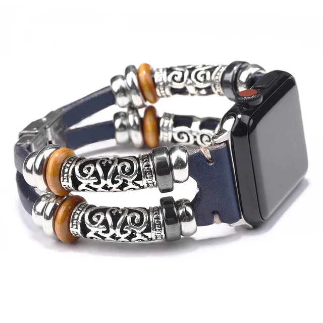 

Retro Handmade Beads Real Leather Bracelet For Apple Watch Strap 38mm 40mm 42mm 44mm Cowhide for iWatch Band Series 3 4 5 6 SE, Black,gold,blue,red