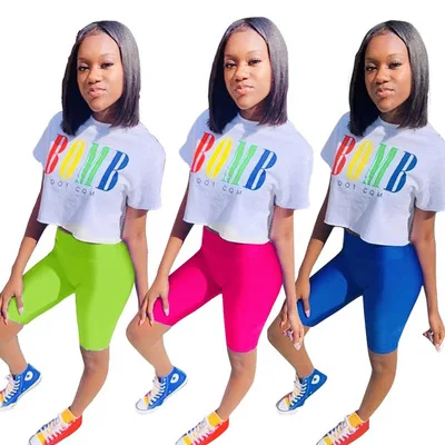 

MOQ 1PC Fashion casual short sleeve and shorts colors letter two piece set for women clothing KC6077, As picture