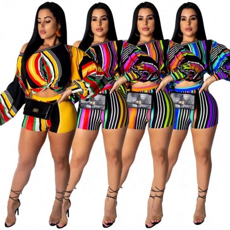 

in-stock colorful striped womens 2 piece short sets