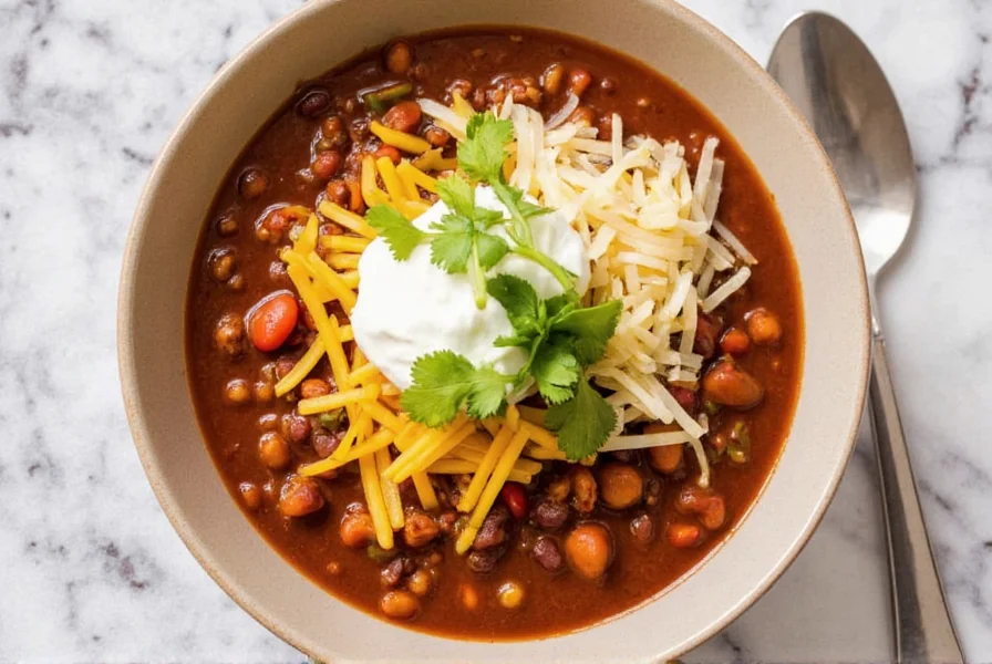 Finished southwest chili recipe served in a bowl with toppings including cheese, sour cream, and cilantro
