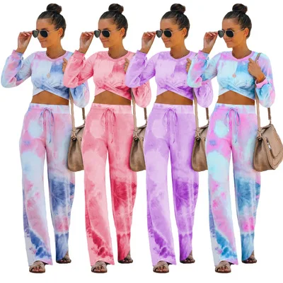 

2021 tie dye crop top and pant two piece set women clothing casual sports cotton printed gradient pajamas