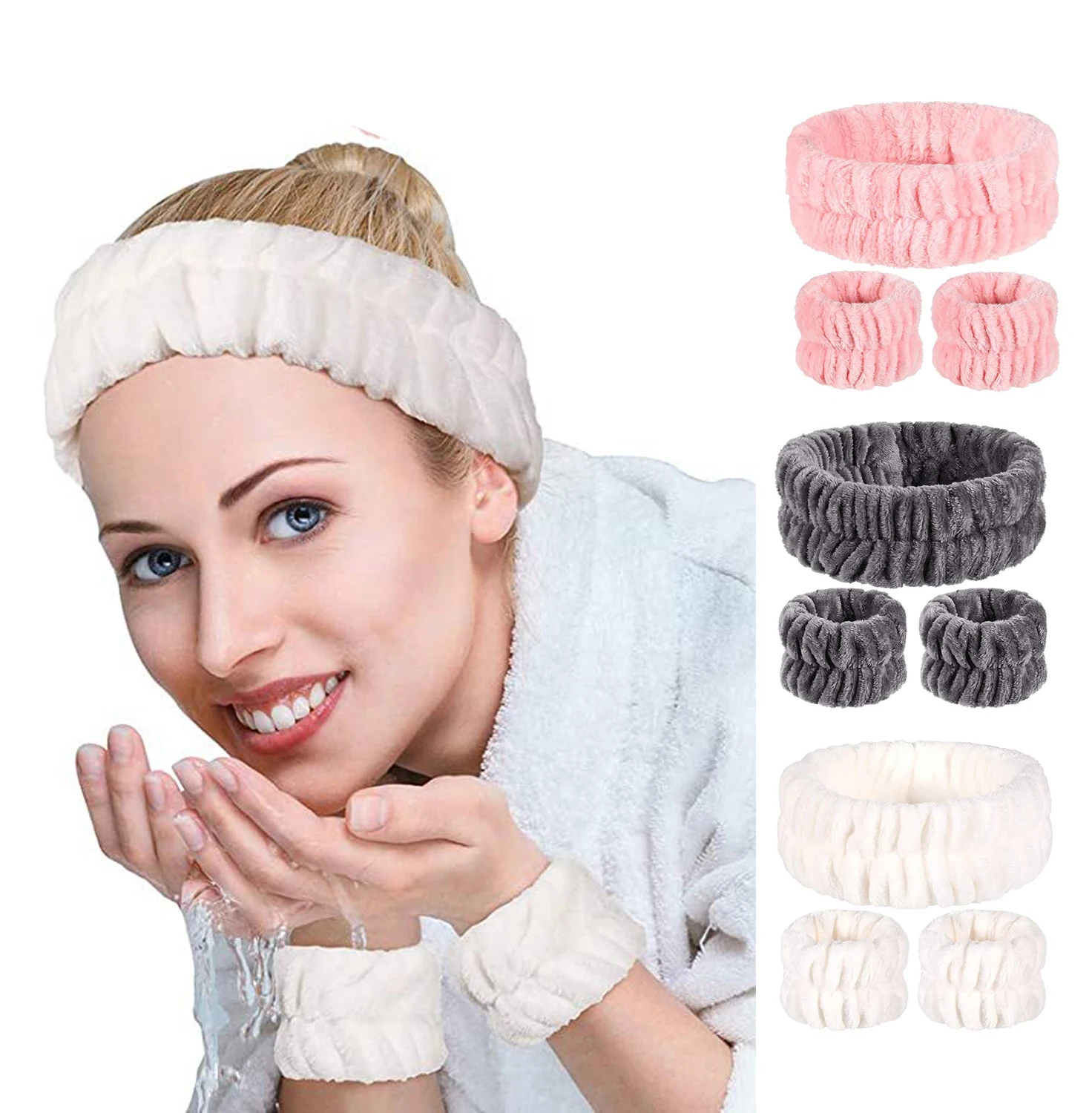 

Wholesale Flannel Wristband Set Face Towel Wash Skincare Spa Makeup Facial Headband Wrist Washband Face Wash Set