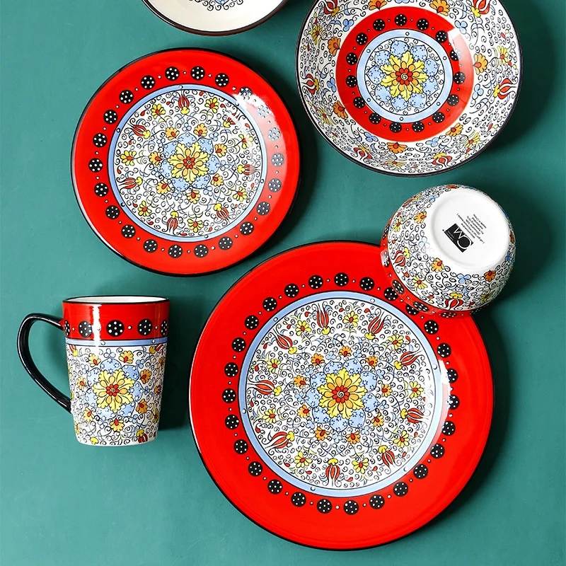

American creative red ceramic round steak plate dish